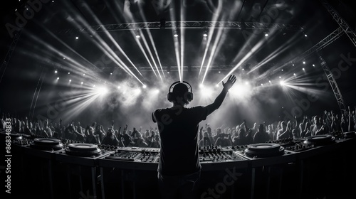 Energetic crowd enjoying music party with a DJ man on stage