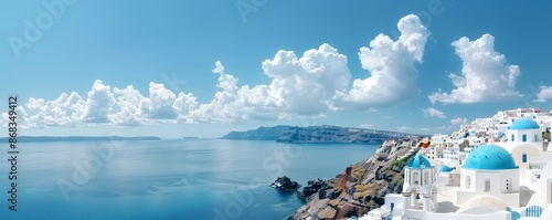 Serene Santorini: Panoramic View of White Buildings and Blue Domes by the Aegean Sea