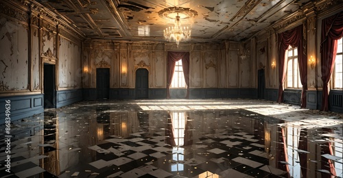 victorian baroque ballroom palace interior furniture design. aged old noble royal dark elegant empty mansion castle decor with intricate floor patterns. photo