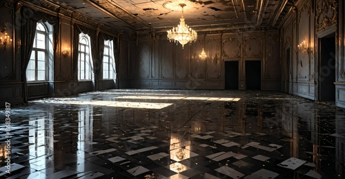 victorian baroque ballroom palace interior furniture design. aged old noble royal dark elegant empty mansion castle decor with intricate floor patterns. photo