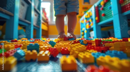 Child playing amidst colorful bricks in a bright, organized playroom