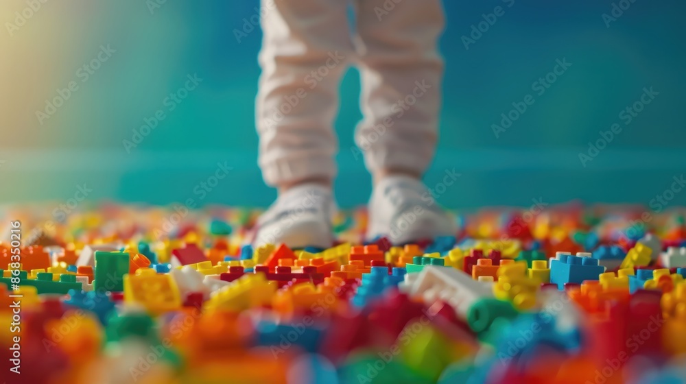 Child standing on colorful building blocks in playroom with sunlight Child standing on colorful building blocks in playroom with sunlight