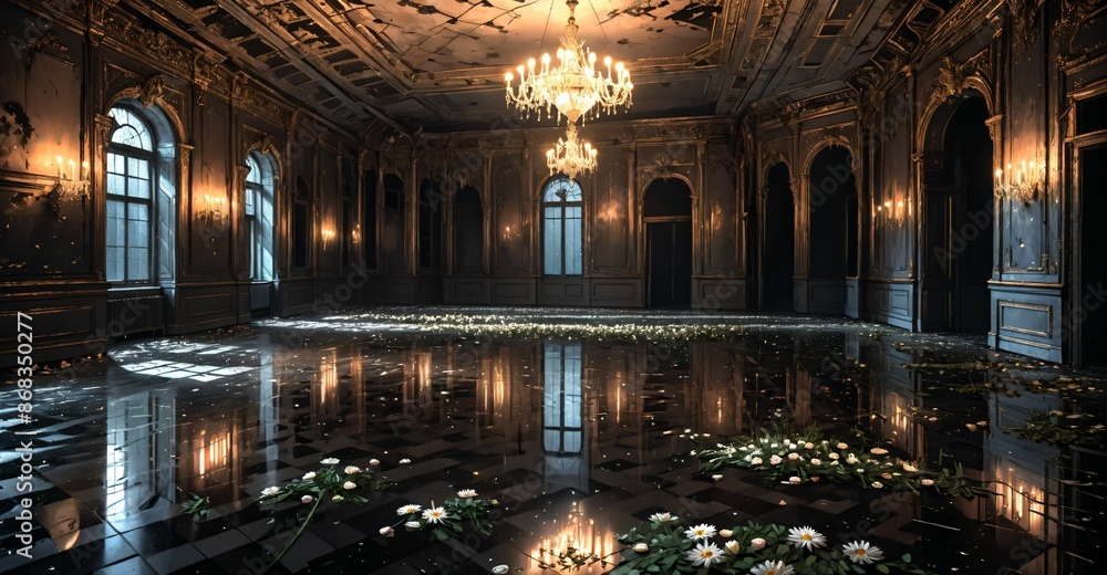 Obraz premium abandoned palace mansion castle interior and decor with reflective floor, flowers, petals, chandeliers, rubble, and debris. floral embellishments old gothic medieval house building ruins.