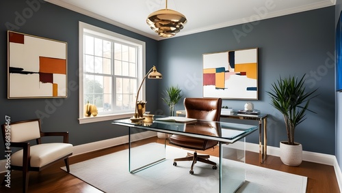 A stylish office room with a glass desk, a leather chair, and abstract paintings on the walls.