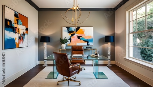 A stylish office room with a glass desk, a leather chair, and abstract paintings on the walls.