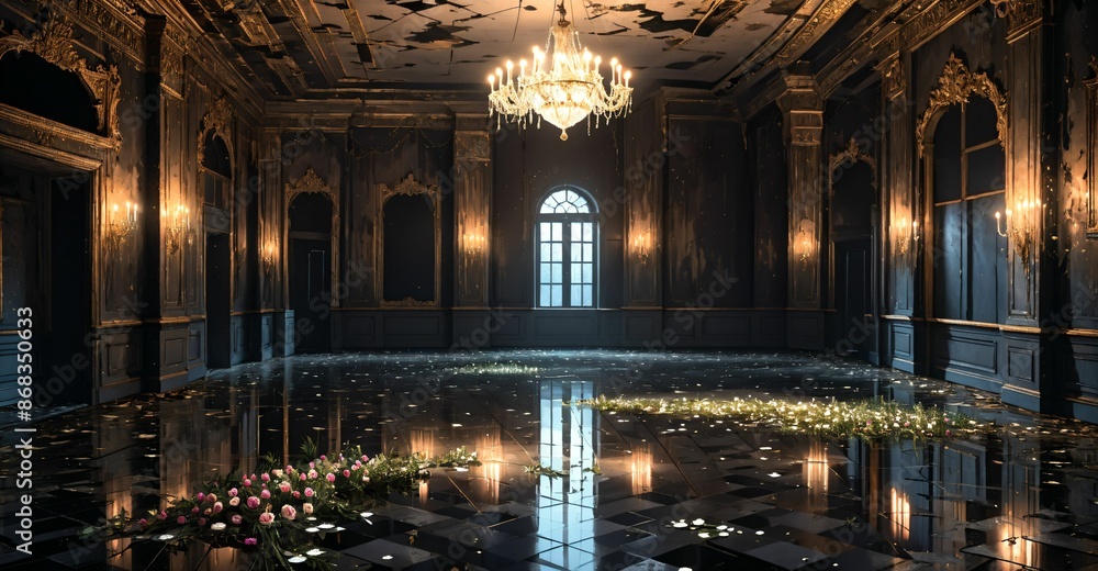 Fototapeta premium abandoned palace mansion castle interior and decor with reflective floor, flowers, petals, chandeliers, rubble, and debris. floral embellishments old gothic medieval house building ruins.