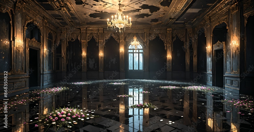Obraz premium abandoned palace mansion castle interior and decor with reflective floor, flowers, petals, chandeliers, rubble, and debris. floral embellishments old gothic medieval house building ruins.