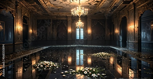 abandoned palace mansion castle interior and decor with reflective floor  flowers  petals  chandeliers  rubble  and debris. floral embellishments old gothic medieval house building ruins.