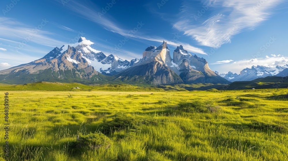 Fototapeta premium Majestic Sunrise over Torres del Paine National Park, Cordillera del Paine - Editorial Panoramic Landscape Photography