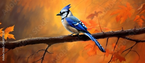Blue Jay Perched on Branch in Autumn © Muhammad