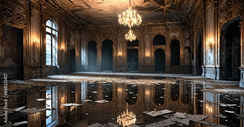 abandoned palace mansion castle interior and decor with reflective floor, chandeliers, rubble, and debris. old gothic medieval house building ruins. photo
