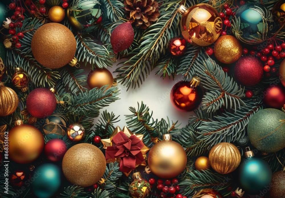 Vibrant Christmas Wreath with Gold, Red, and Green Ornaments Vibrant Christmas Wreath with Gold, Red, and Green Ornaments
