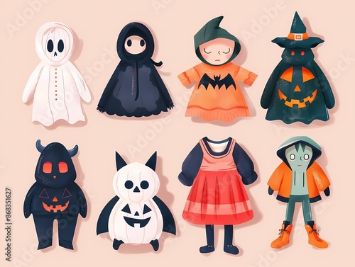 Spooky Fun Halloween Costumes Flat Design - Creative Cartoon Drawings in Pastel Colors, Top View for Festive Celebrations