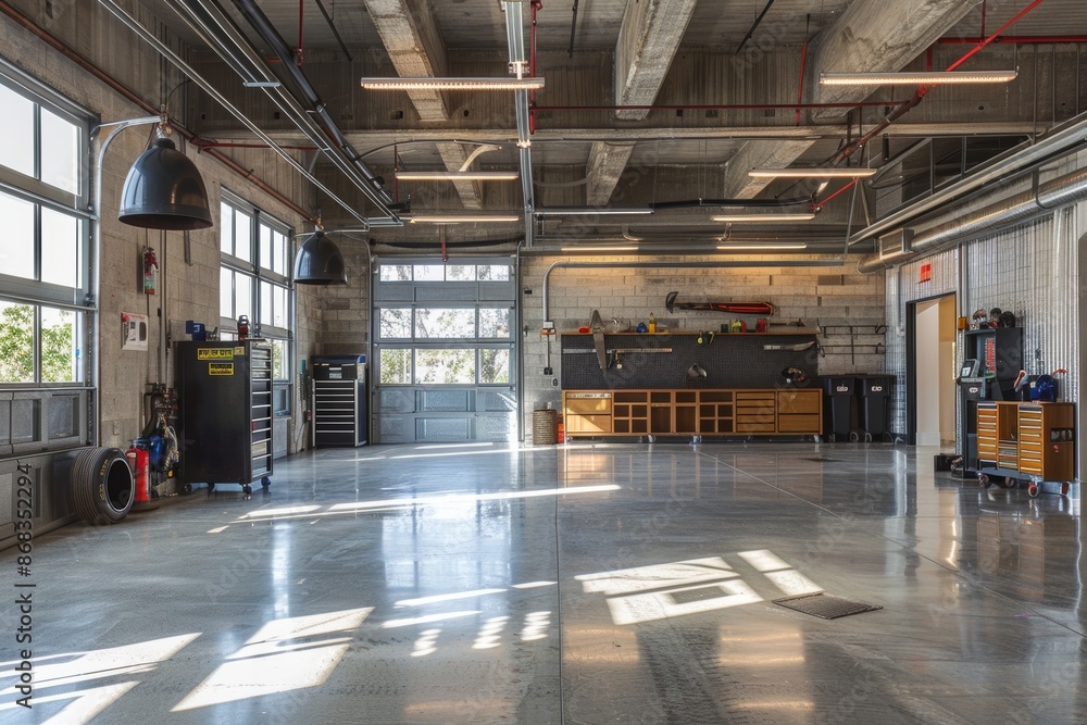 Modern Garage Workspace with Professional Equipment and Powerful Heater for Comfortable Vehicle Projects Modern Garage Workspace with Professional Equipment and Powerful Heater for Comfortable Vehicle Projects