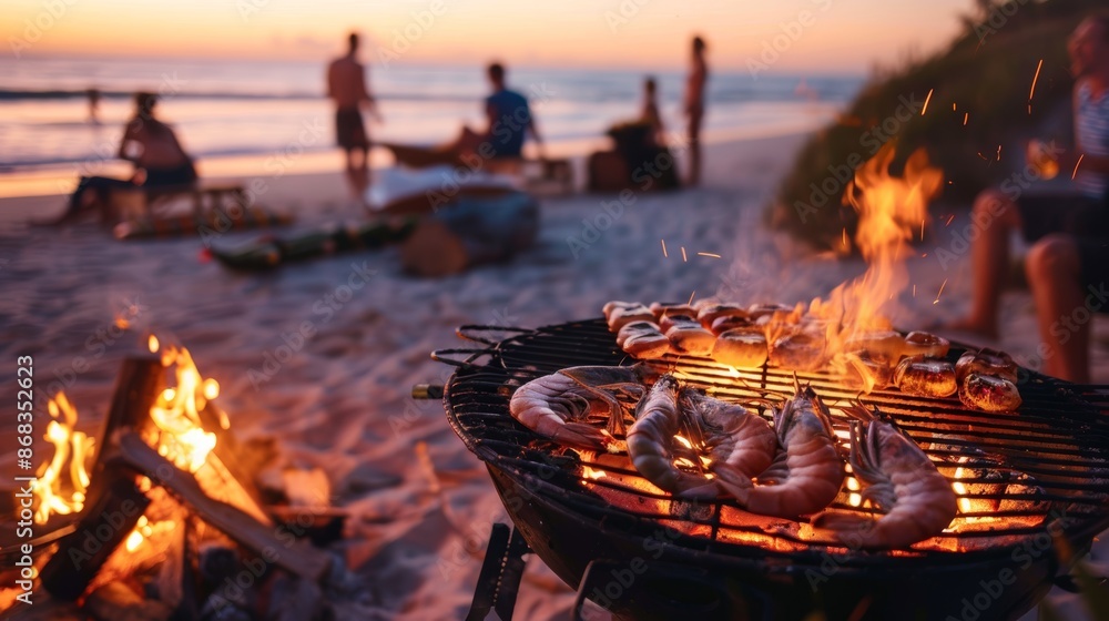 Rustic Beach Barbecue with Fresh Seafood at Sunset - Ideal Design for Summer Posters and Cards Rustic Beach Barbecue with Fresh Seafood at Sunset - Ideal Design for Summer Posters and Cards