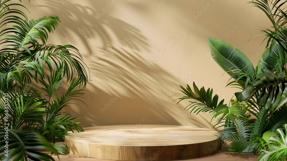 Fototapeta premium Tropical Wooden Platform with Lush Greenery