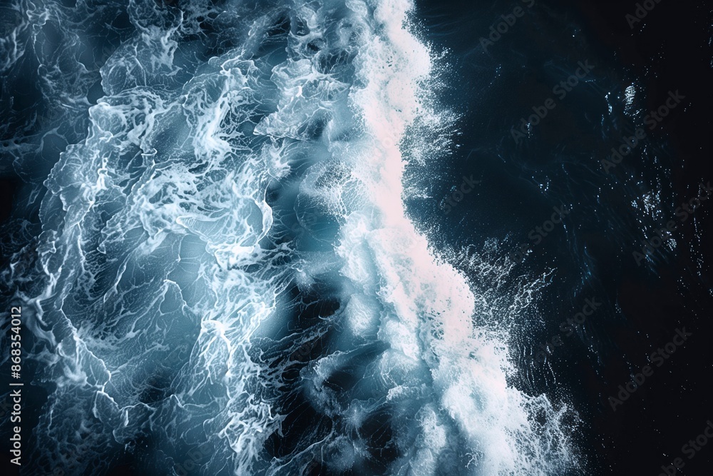 Oceanic waves. Foam. Sunny day. Copy space. Top to down view. Travel photography