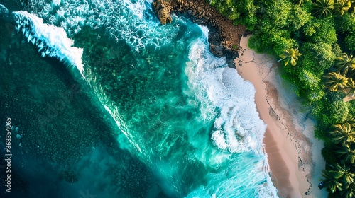 Fototapeta Naklejka Na Ścianę i Meble -  Caribbean beach top view. Ocean waves. Drone view. Palms and sandy coastline