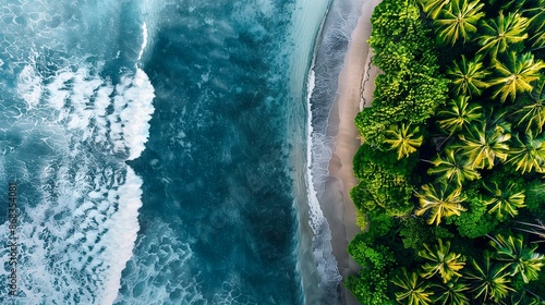 Fototapeta Naklejka Na Ścianę i Meble -  Caribbean beach top view. Ocean waves. Drone view. Palms and sandy coastline