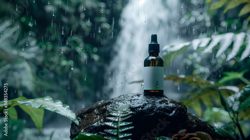 Luxurious skincare product dropper bottle with extract in waterfall forest - Cosmetic product mockup 2oz glass tincture bottle in a beautiful lush green ferns and foliage in a tranquil forest setting photo