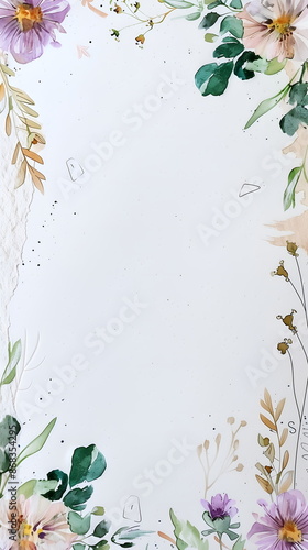 A vertical A4 journal page layout flowers watercolor Pansies and leaves template blue and green summer