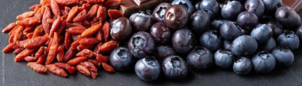 A pile of blueberries and red beans on a black surface A pile of blueberries and red beans on a black surface