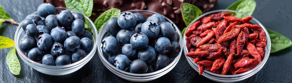 Three bowls of fruit, one with blueberries, one with red berries Three bowls of fruit, one with blueberries, one with red berries