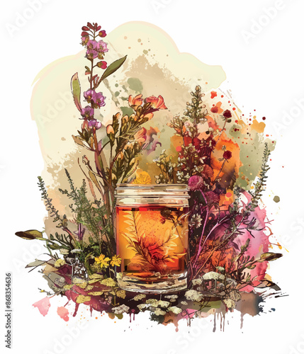 Watercolour drawing of a cup of tea with medicinal herbs 01