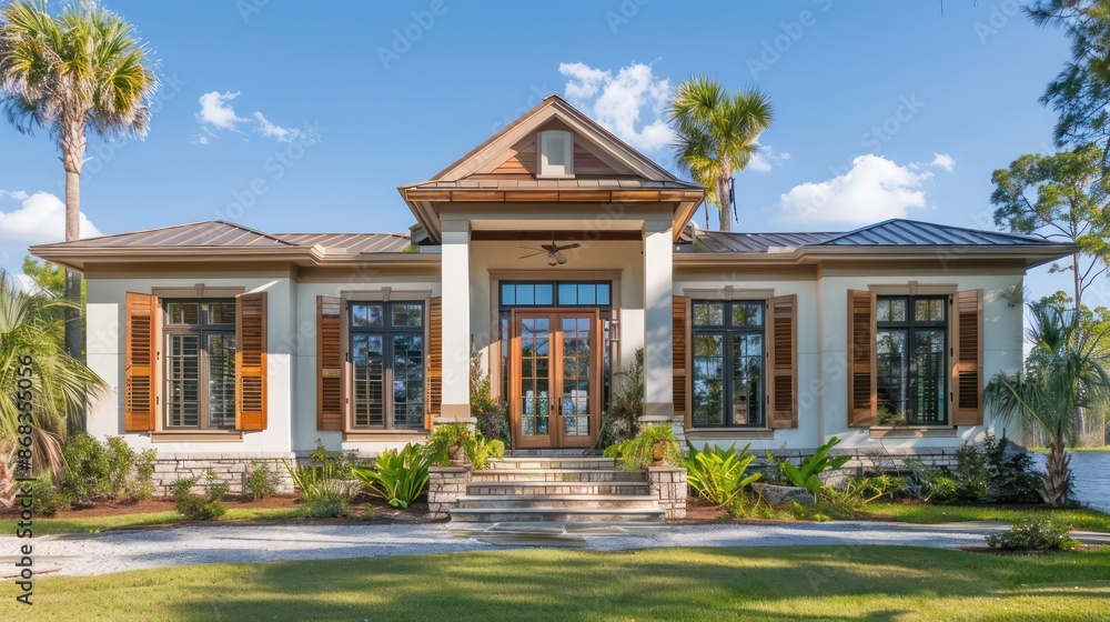 Fototapeta premium lakeshore home with vintage wood Bahama shutters, offering old-world charm and modern comfort