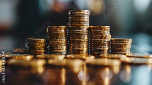 A stack of gold coins on a table