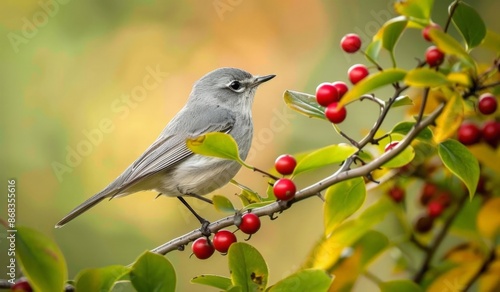 Grey Bird Perched on Branch with Red Berries