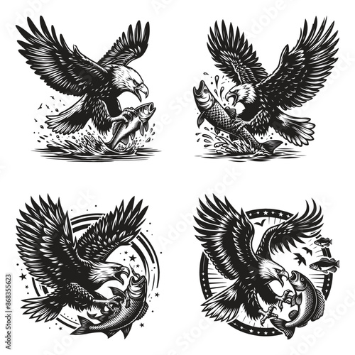 eagle catch fish vector logo black & white silhouette