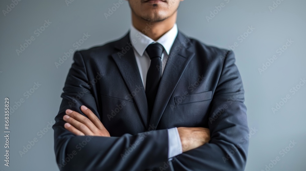 A man in a suit and tie is standing with his arms crossed A man in a suit and tie is standing with his arms crossed