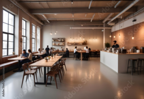 Blurred restaurant background. Lofty chill restaurant with wooden table and Depth of field , blurred background 