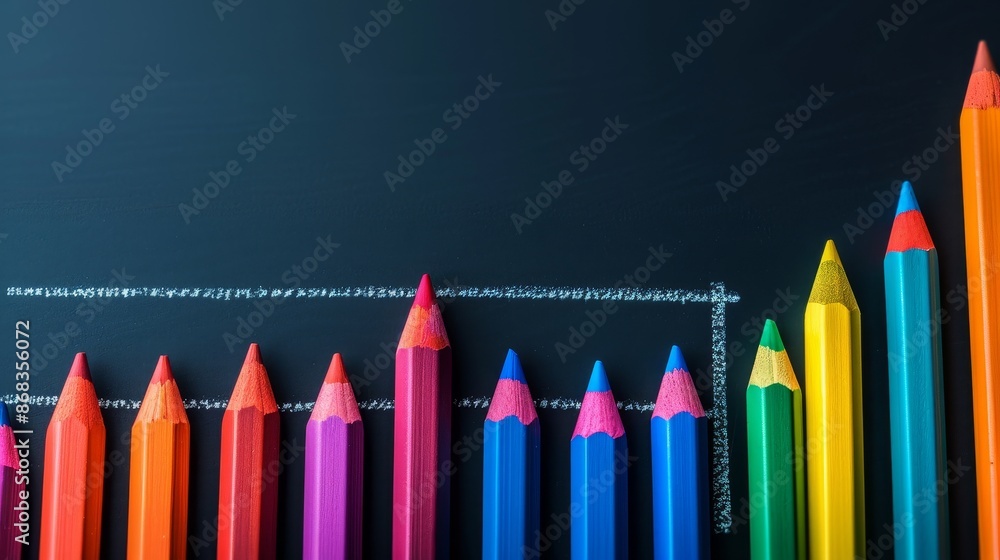 A row of colored pencils on a blackboard with a line drawn through them A row of colored pencils on a blackboard with a line drawn through them