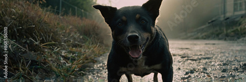 A dog with erect ears. A thoughtful, focused look looking into the distance past the camera. The mouth is slightly open. The dog is black. He has something like a collar on his neck. In the background