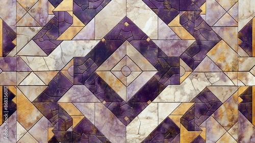 A  view of a geometric tile pattern featuring purple, yellow, and white colors photo