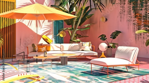 New Nostalgia: Abstract 90s Outdoor Living Space with Vibrant Colors, Modern Furniture, and Tropical Plants