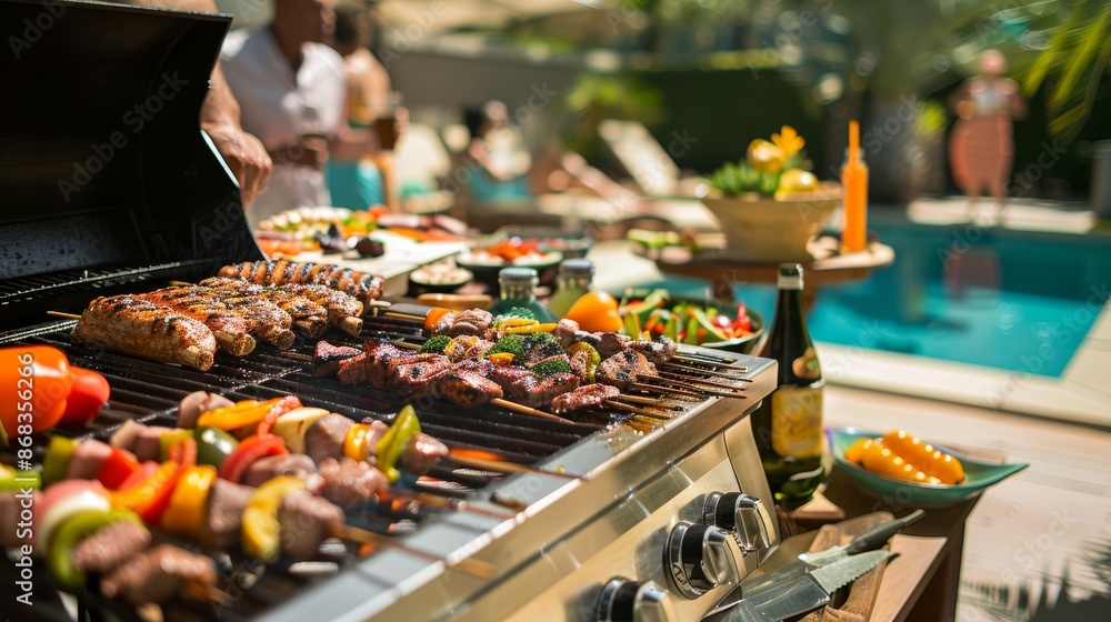 Sizzling Summer Barbecue Party by the Pool with Grilled Meats, Vegetables, and Lively Decorations Sizzling Summer Barbecue Party by the Pool with Grilled Meats, Vegetables, and Lively Decorations