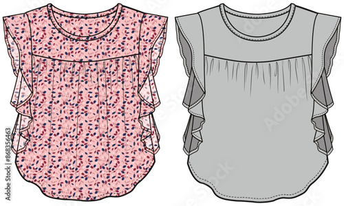 GIRLS AND TEENS WEAR WOVEN TOPS WITH FLORAL PRINT AND COLORED ILLUSTRATION