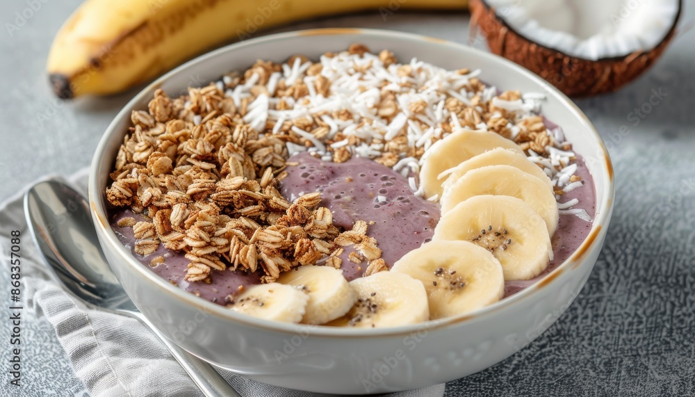 A bowl of food with bananas, oatmeal, and coconut flakes A bowl of food with bananas, oatmeal, and coconut flakes