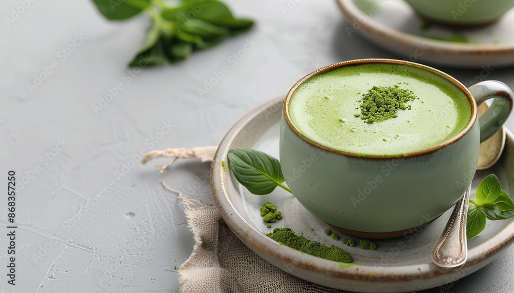 A cup of green tea with a spoon on a white plate A cup of green tea with a spoon on a white plate