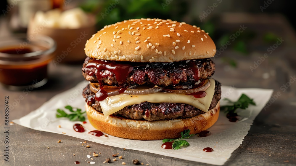 Delicious double beef hamburger with melted cheese, caramelized onions, and barbecue sauce on a sesame seed bun, perfect for food lovers. Delicious double beef hamburger with melted cheese, caramelized onions, and barbecue sauce on a sesame seed bun, perfect for food lovers.
