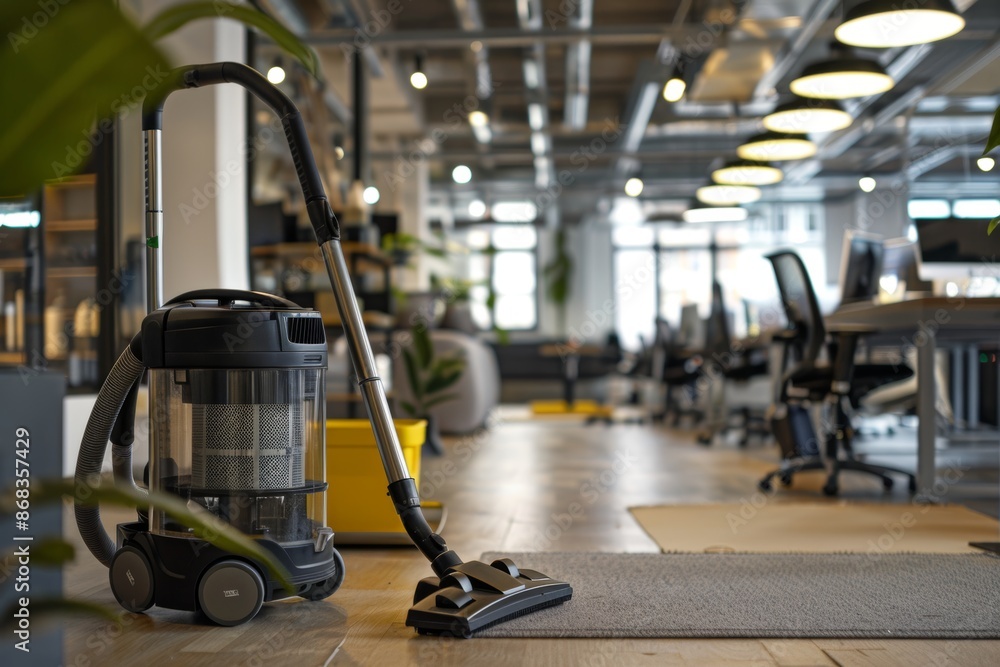 Efficient Vacuum Cleaning in a Modern, Busy Office Space - Design for Print, Card, Poster Efficient Vacuum Cleaning in a Modern, Busy Office Space - Design for Print, Card, Poster