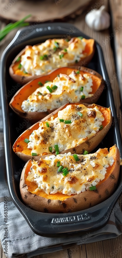 Delicious twice-baked potatoes filled with cheese and chives, served in a rustic pan, perfect for a comforting meal or side dish. Delicious twice-baked potatoes filled with cheese and chives, served in a rustic pan, perfect for a comforting meal or side dish.