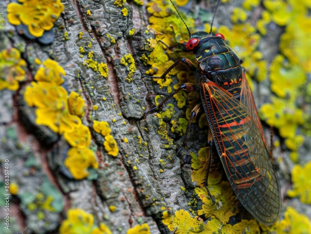 Vividly Colored Cicada Perched on Mossy Tree Bark Vividly Colored Cicada Perched on Mossy Tree Bark