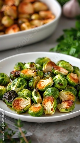 Delicious roasted Brussels sprouts served on a white plate with fresh herbs in the background. Healthy and nutritious vegetable dish.