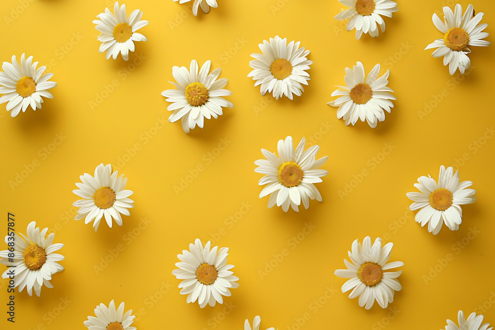 Photo of a pattern with white daisies on a yellow background in a flat lay. Web banner Photo of a pattern with white daisies on a yellow background in a flat lay. Web banner