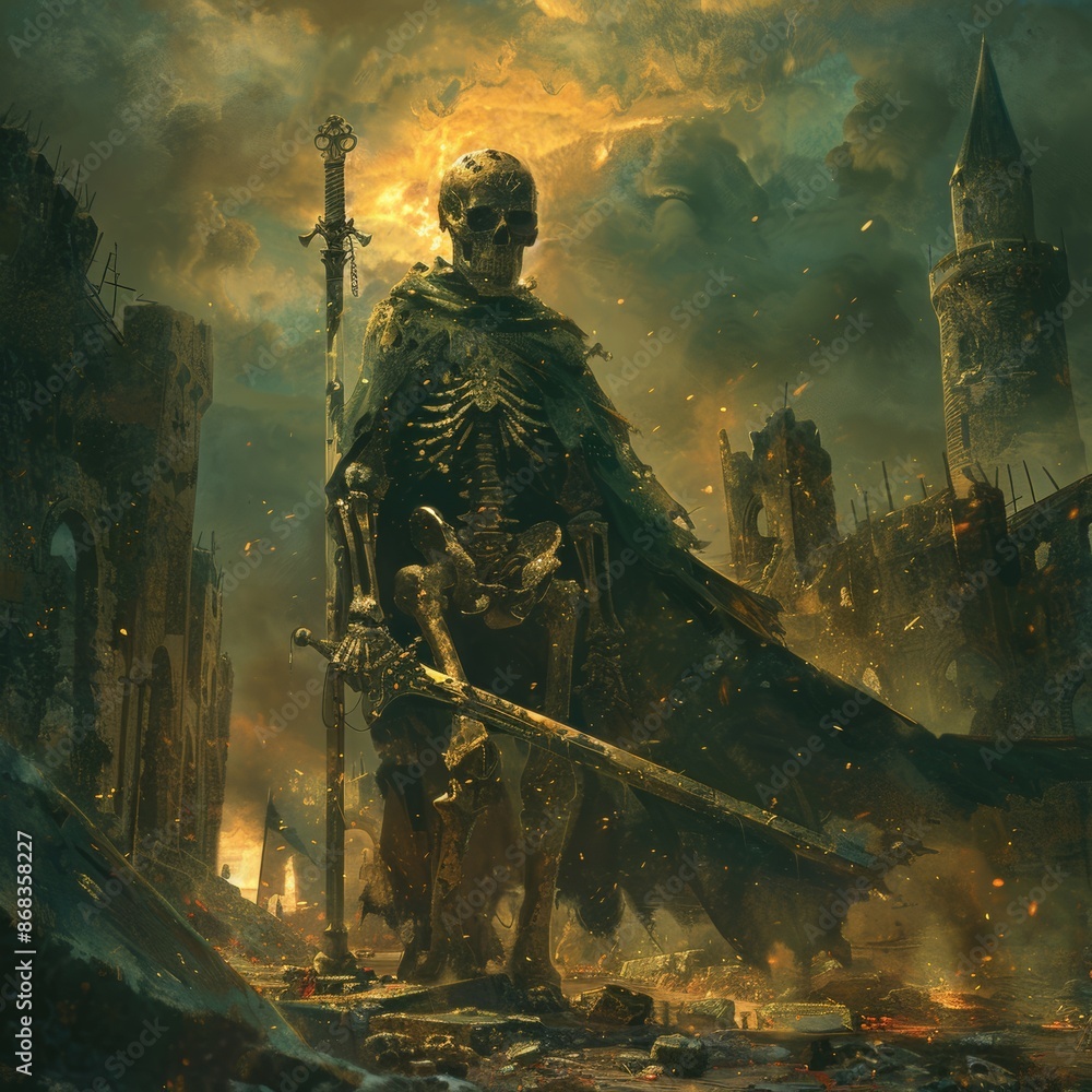 Fototapeta premium Shadow of the Past: Dark Fantasy Skeleton Warrior in Ancient Graveyard with Muted Colors and High Detail, Creating a Dramatic Scene
