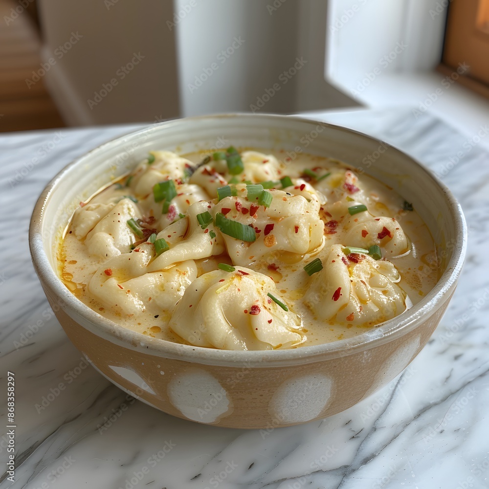 Bowl of Creamy Dumplings with Chili Flakes and Green Onions Bowl of Creamy Dumplings with Chili Flakes and Green Onions